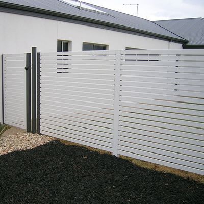 A white fence with a gate in front of a house