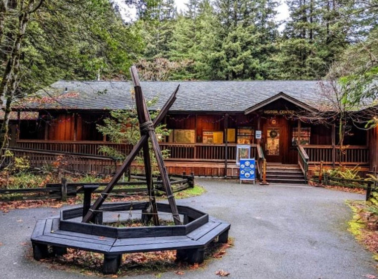 A wooden visitor center building with a sign, an open white door, a bench in the foreground, and surrounding trees.
