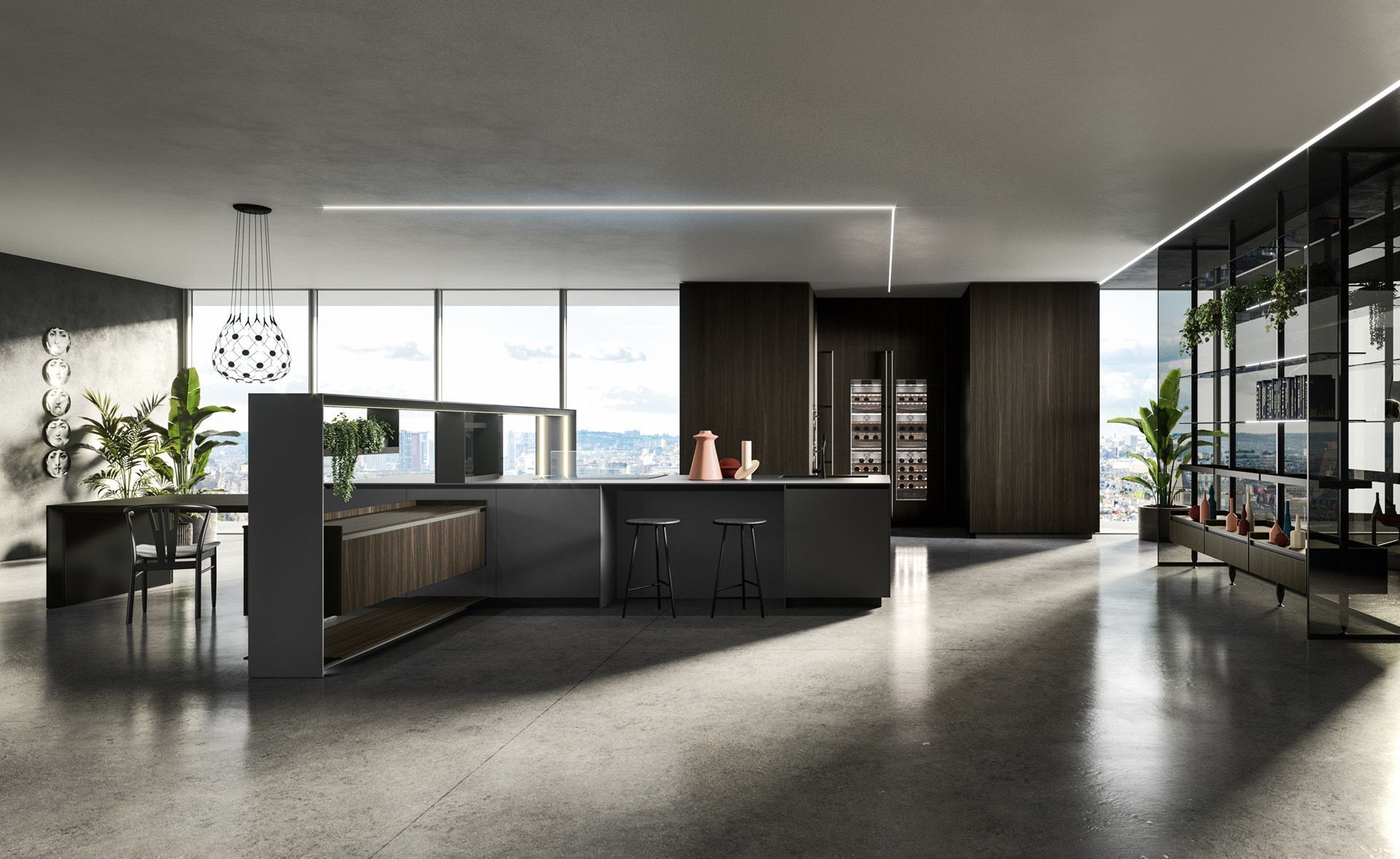 Rappresentazione artistica di una cucina moderna con una grande isola