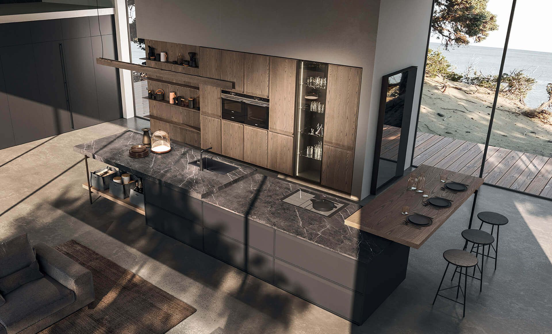 Una cucina con una grande isola al centro