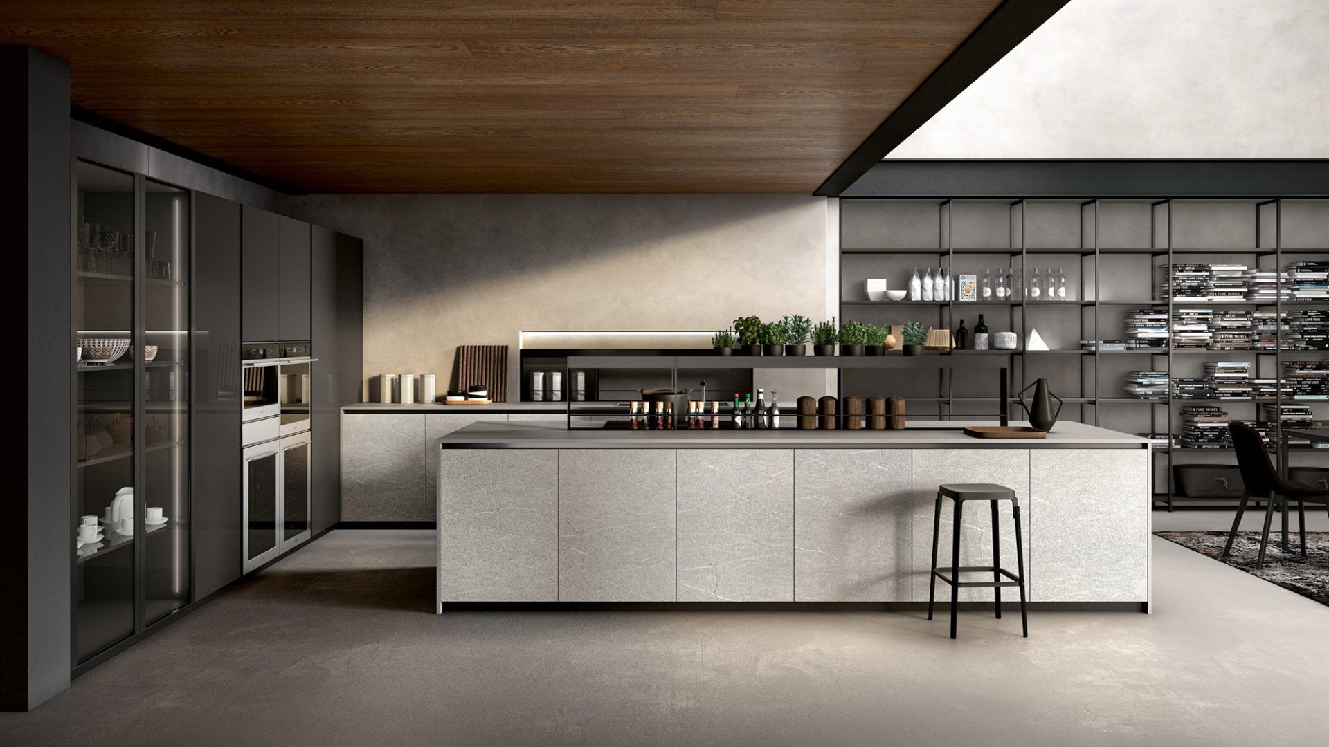 Una cucina con una grande isola al centro