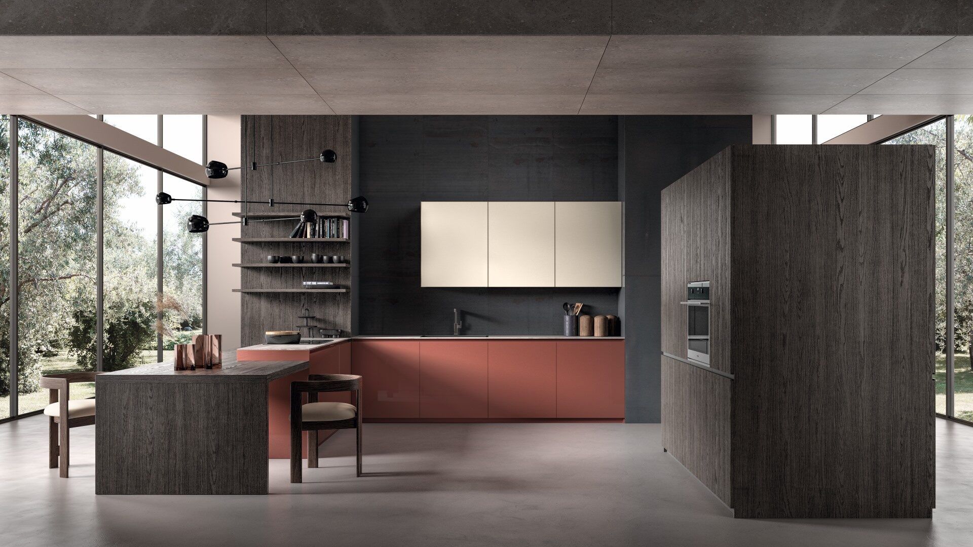 Una cucina con mobili rossi e una grande isola
