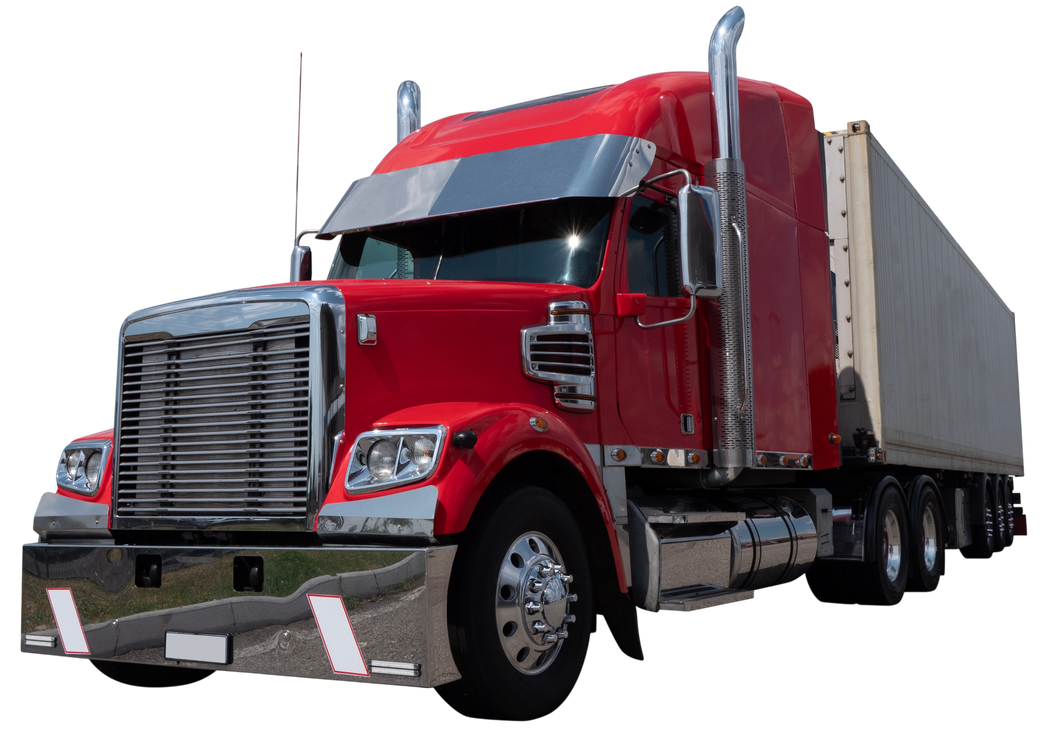 Red semi-truck with a white trailer, isolated on a white background