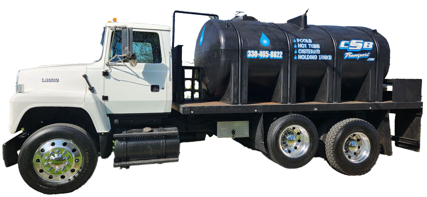 White truck with a black water tank on the back.