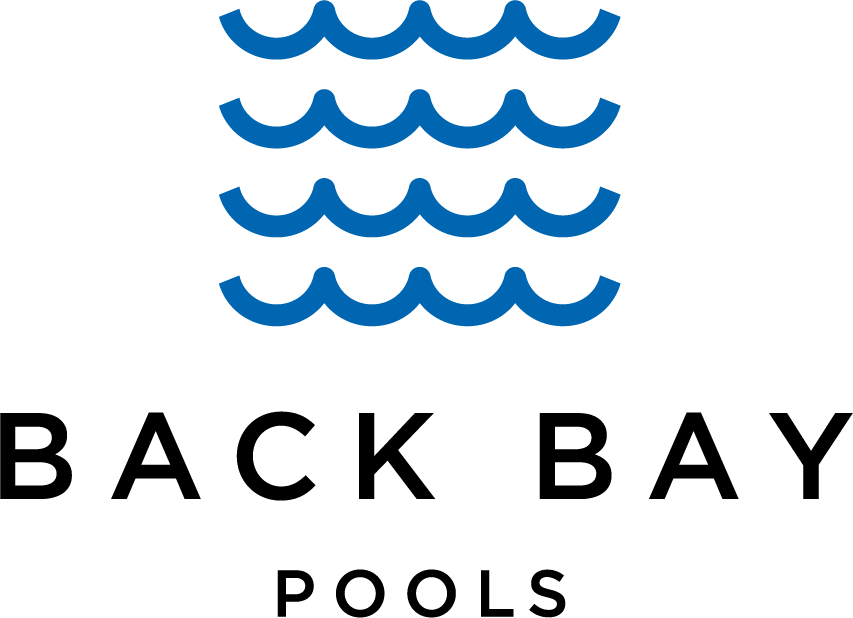 Logo for Back Bay Pools: Blue wave icons above black text.