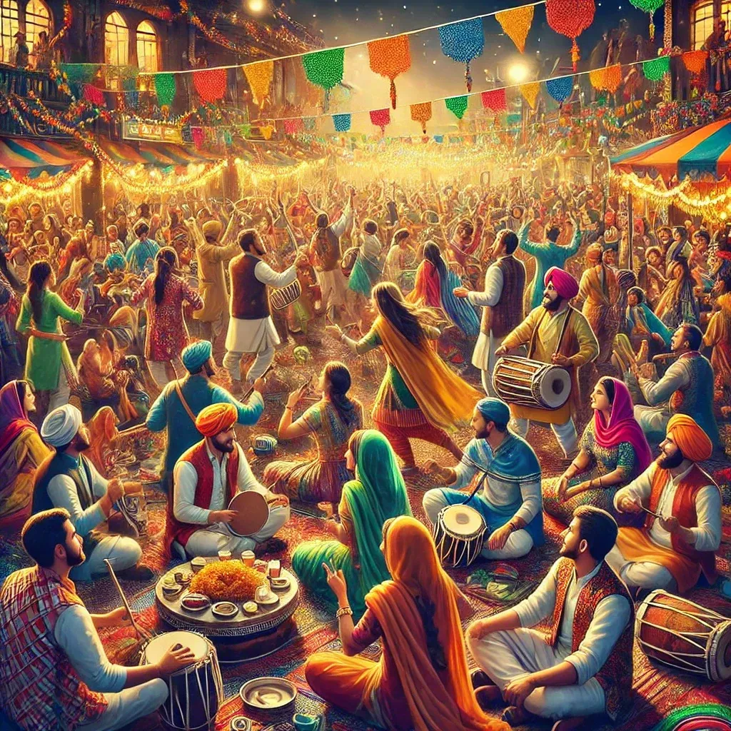 A large group of people are sitting on the ground playing drums and dancing.
