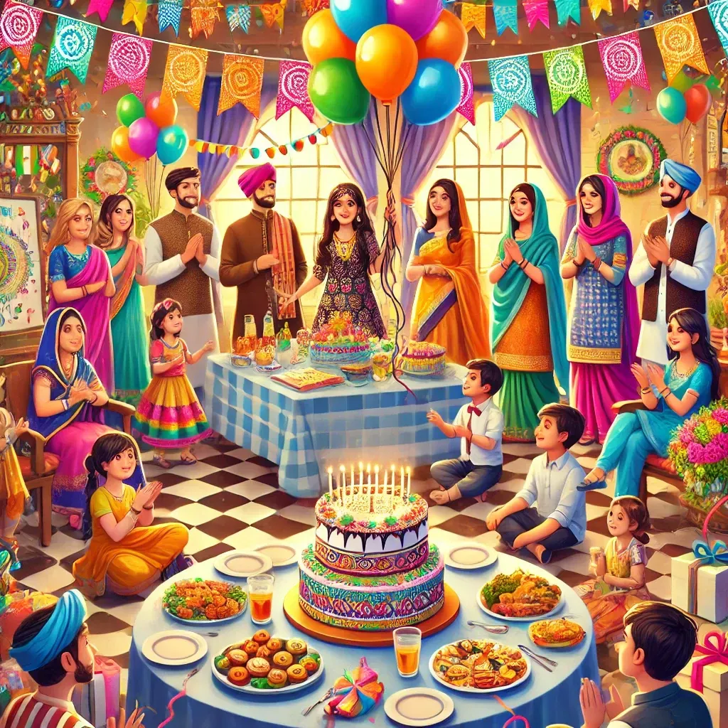 A group of people are sitting around a table with a cake and balloons.