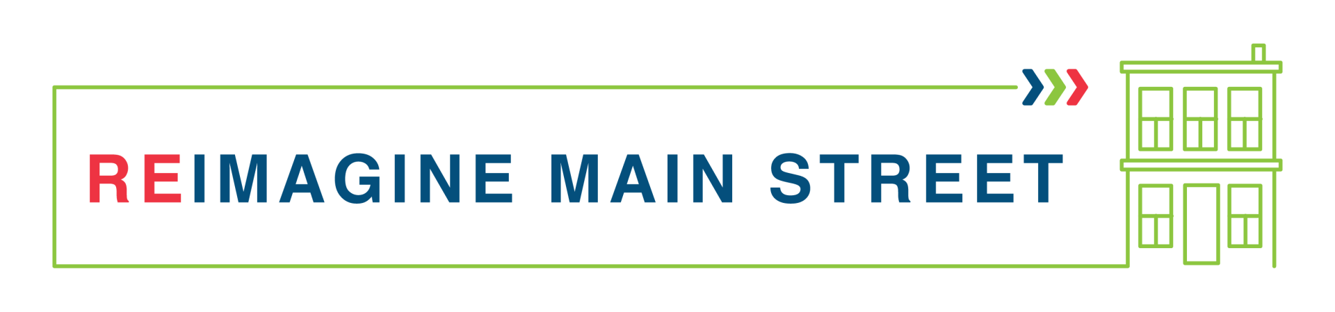 A logo for reimagine main street with two buildings