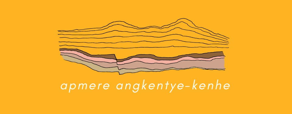 A yellow graphic showing layered, geological landforms above the white text