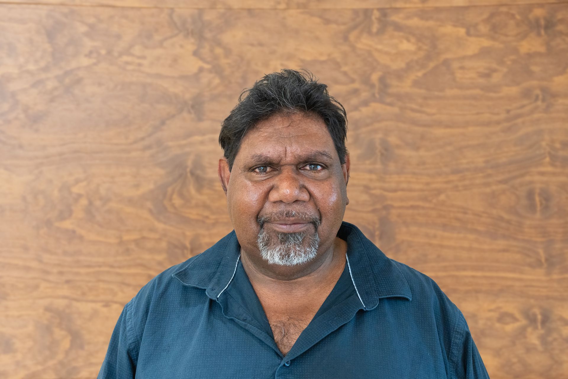 A man with a goatee wearing a dark blue collared shirt, posing against a wood-grain patterned wall.