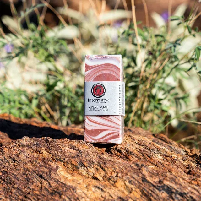 A bar of swirled pink and white soap with a product label sitting on textured brown bark with green foliage in the back.