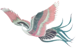 A colorful bird is flying in the air on a white background.