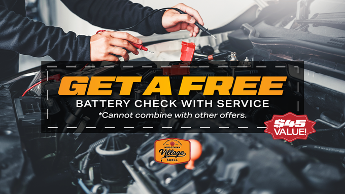 Get a free battery check with service; mechanic tests car battery under hood.