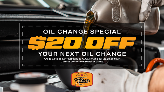 Oil change special ad: $20 off your next oil change over a mechanic working on a car