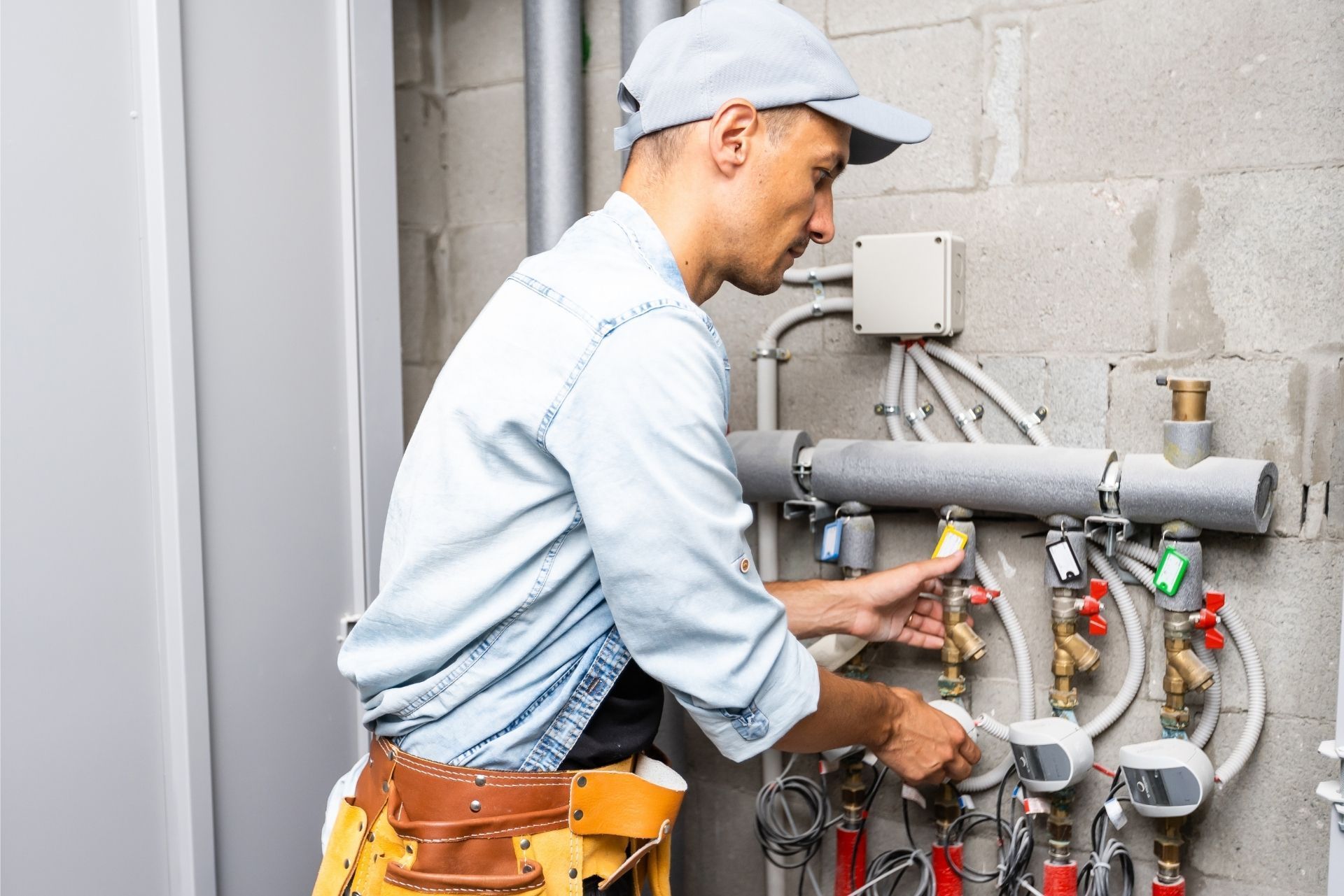 HVAC technician wearing mask and hard hat, working on AC units on a rooftop. HVAC technician wearing mask and hard hat, working on AC units on a rooftop.
