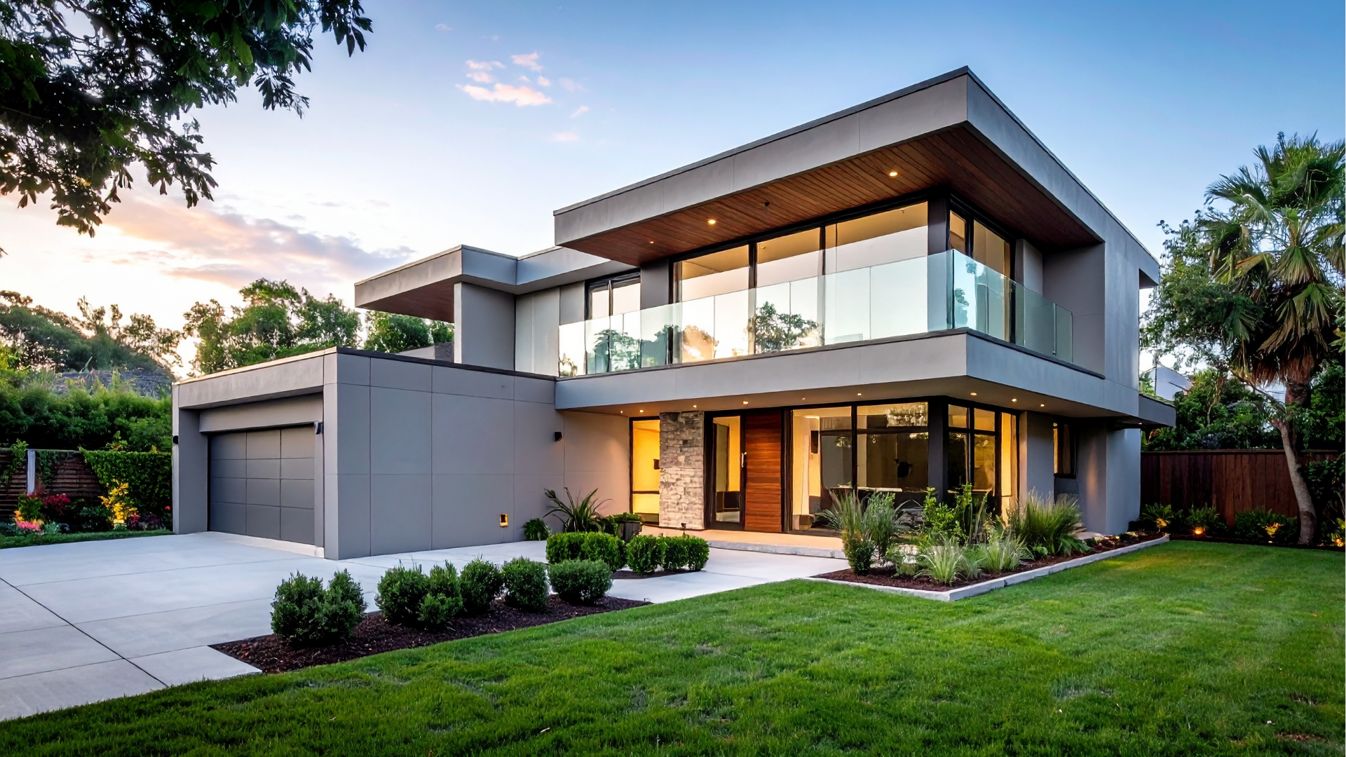 Modern two-story gray house with large windows, a balcony, and a green lawn at sunset
