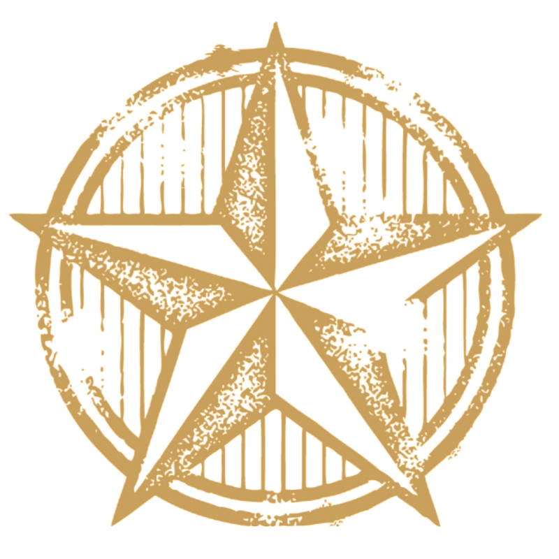 A gold star in a circle on a white background