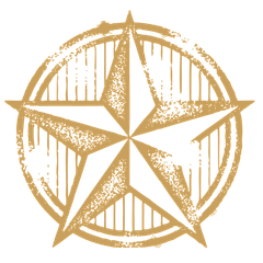 A gold star in a circle on a white background