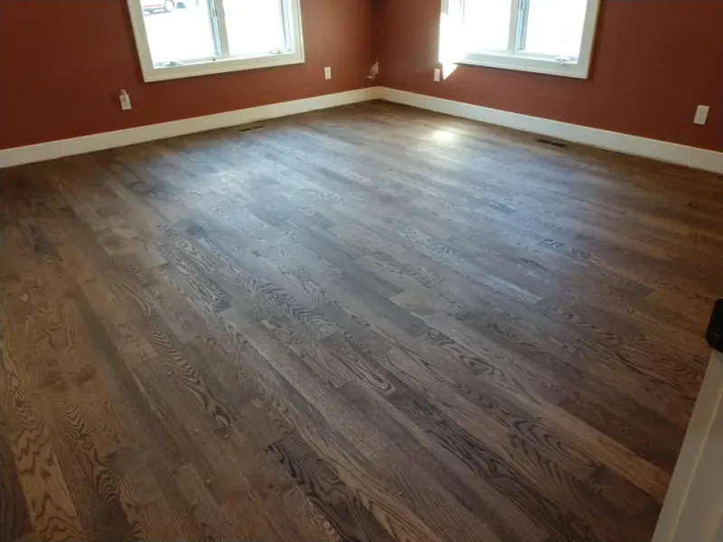 Brown hardwood floor in an empty room with red walls and white-framed windows.