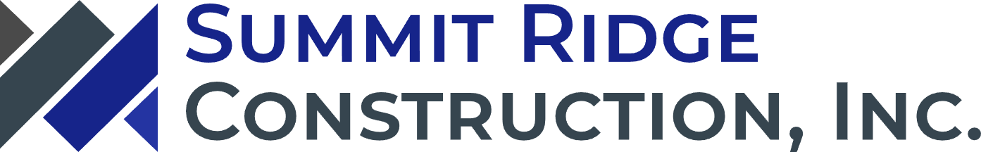 Summit Ridge Construction, Inc. logo with a geometric design in shades of gray and blue. Dark blue text on a white background.
