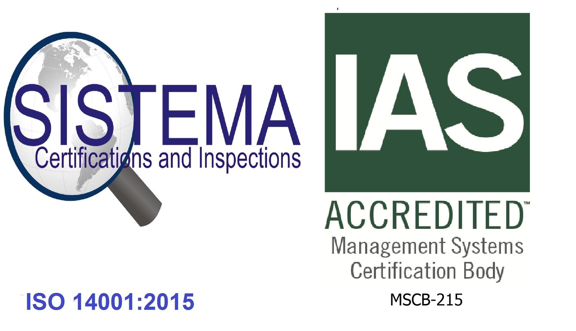 Loghi di certificazione SISTEMA e IAS Accredited, inclusi i testi ISO 14001:2015 e MSC-215