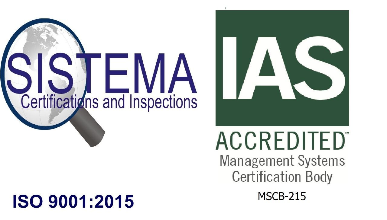 Loghi di accreditamento SISTEMA IAS, con testo relativo alla certificazione ISO 9001:2015 e ai sistemi di gestione.
