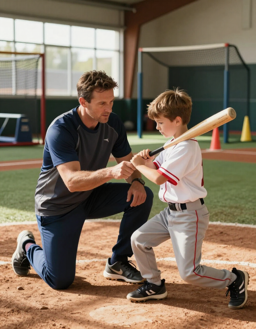 Coach working one-on-one with a youth baseball player