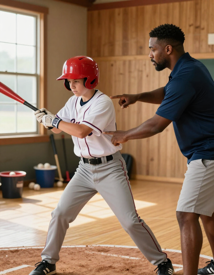 Youth baseball player working one-on-one with a coach
