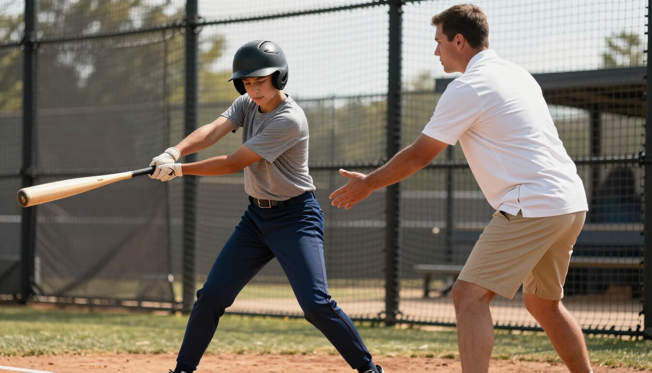 Youth baseball hitter receiving coaching feedback at contact point