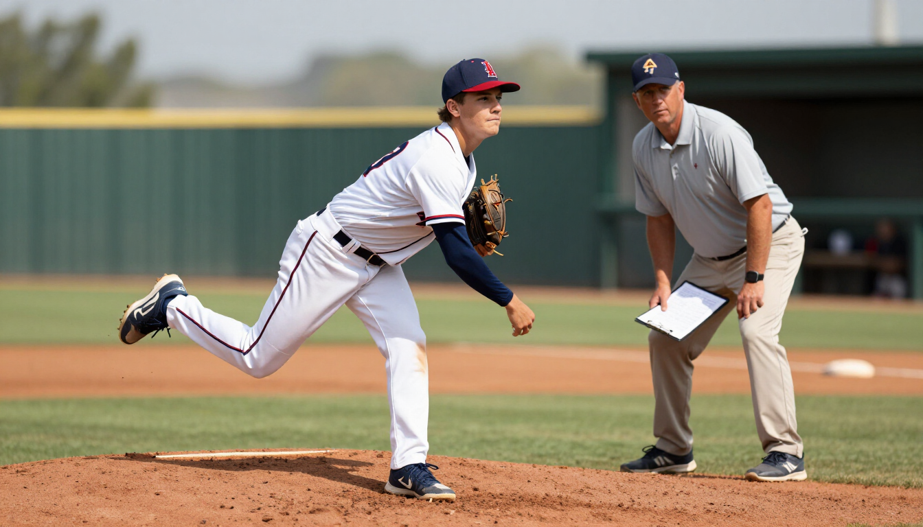 Young pitcher mid-delivery with coach observing from the side