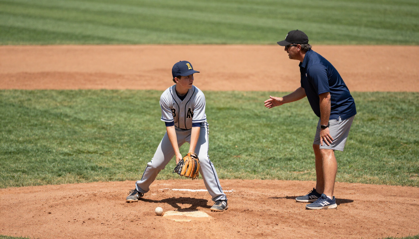 Youth infielder fielding a ground ball with coach providing feedback