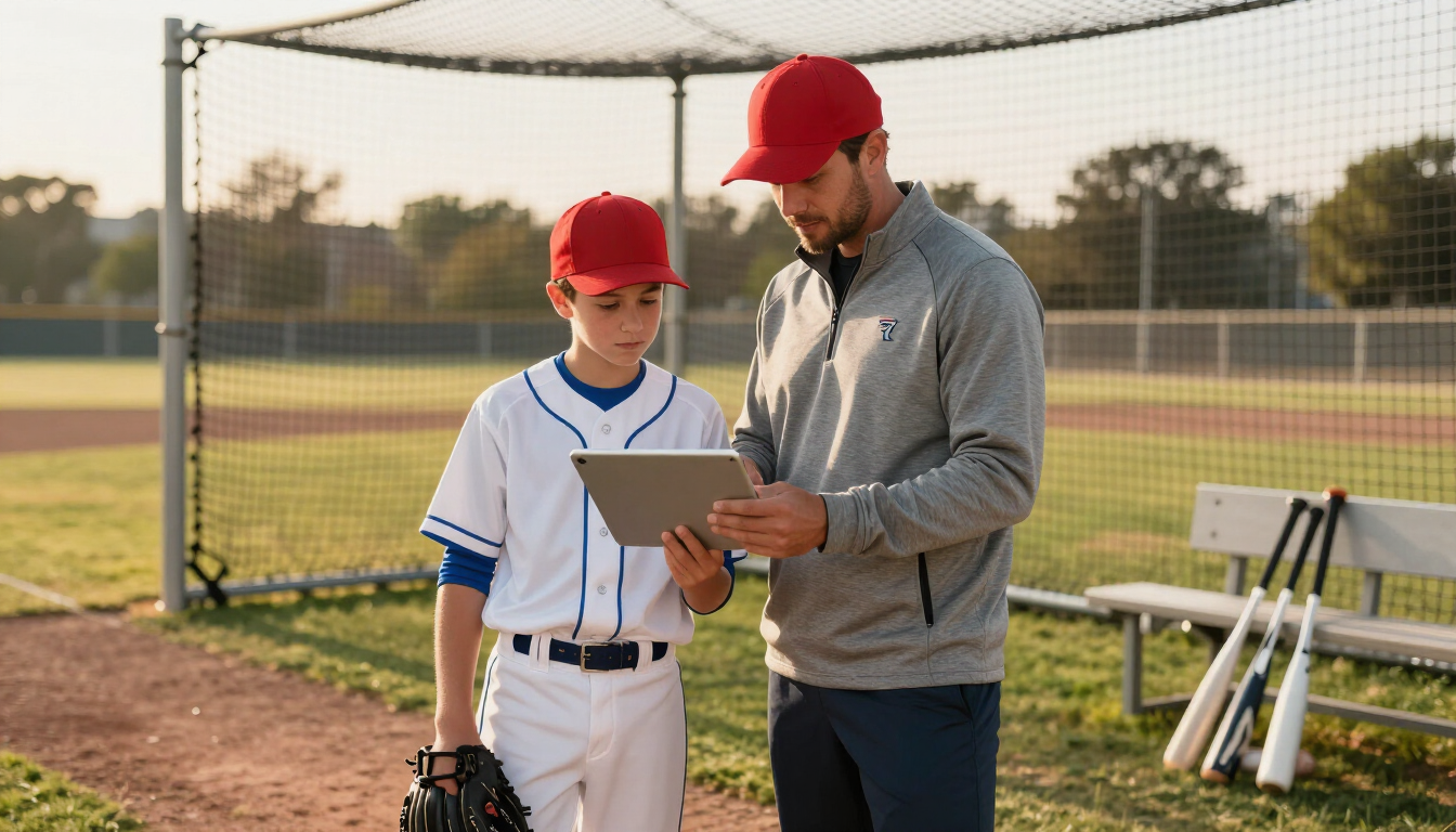Coach reviewing video with youth baseball player on tablet