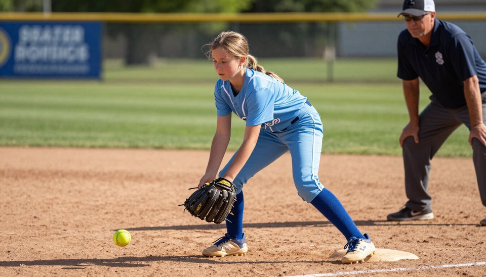 Youth softball player fielding a ground ball