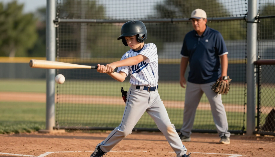 Youth baseball player mid-swing at batting cage