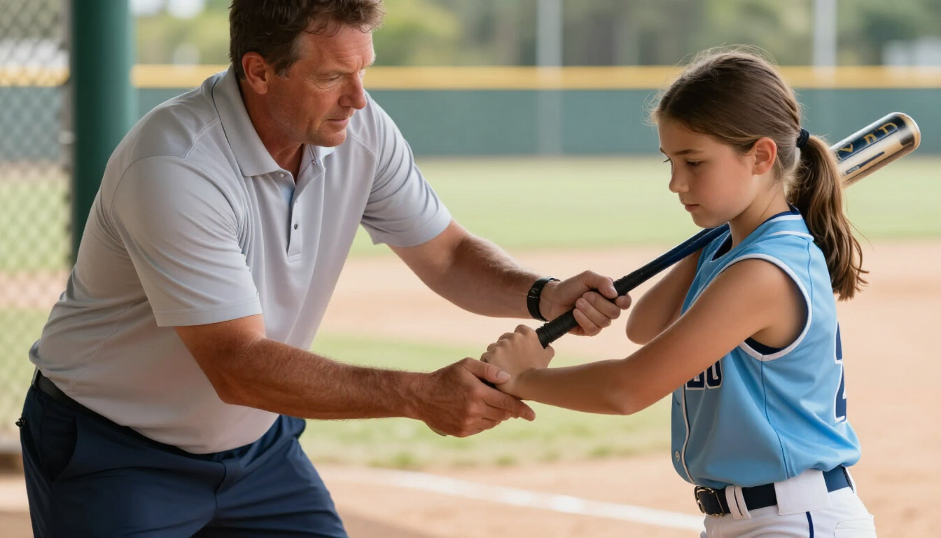 Coach working through a drill with a youth softball player