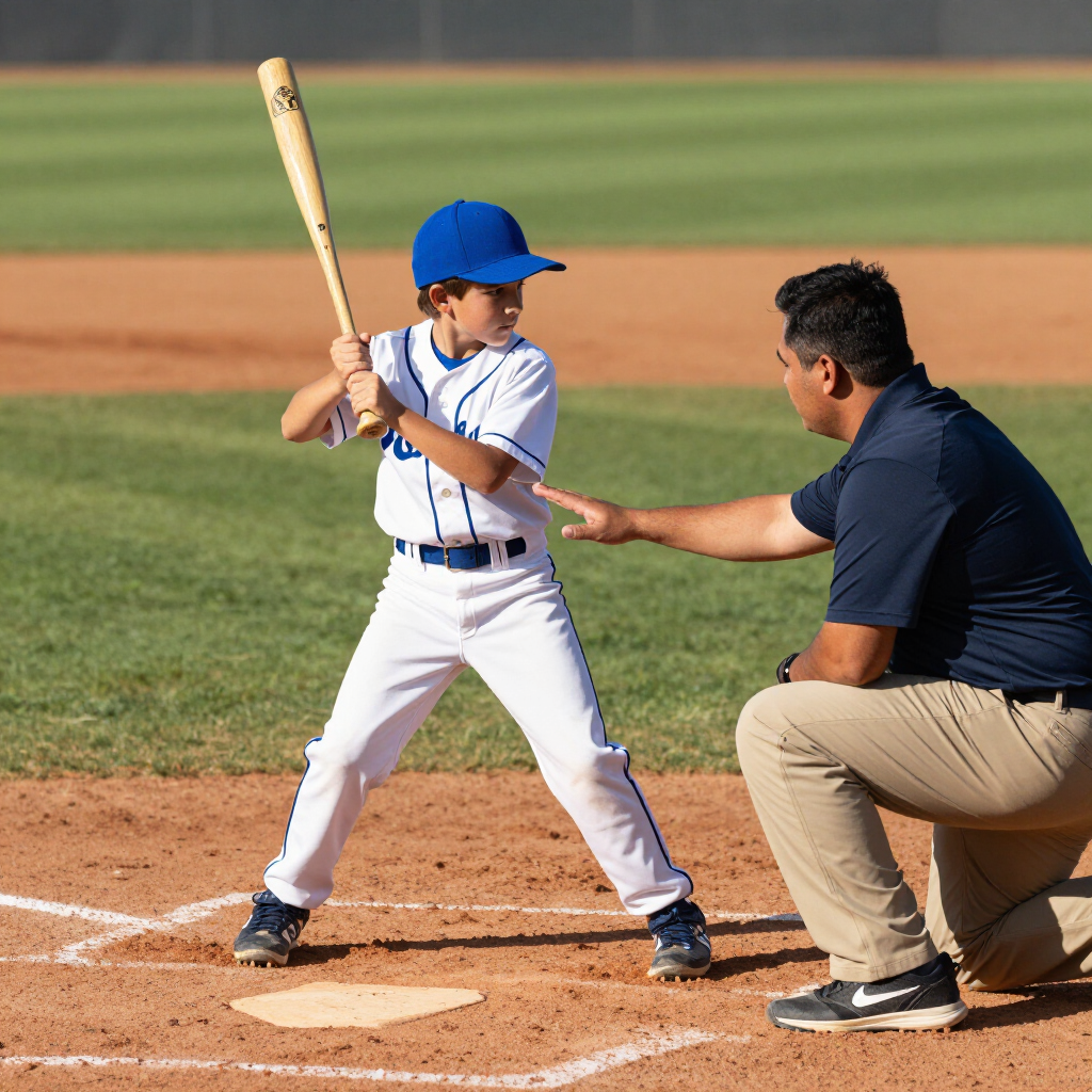 Coach and young baseball player at batting tee