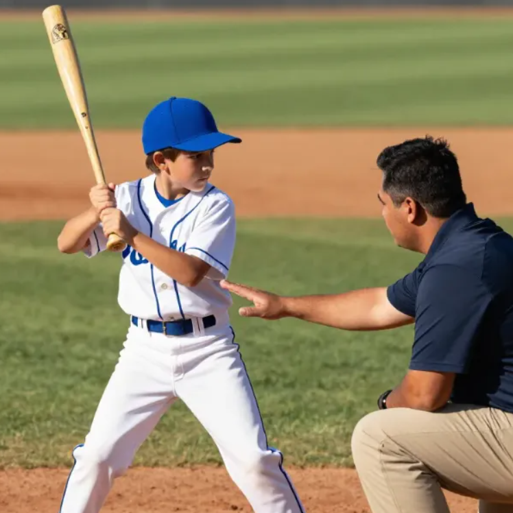 Coach and young baseball player at batting tee