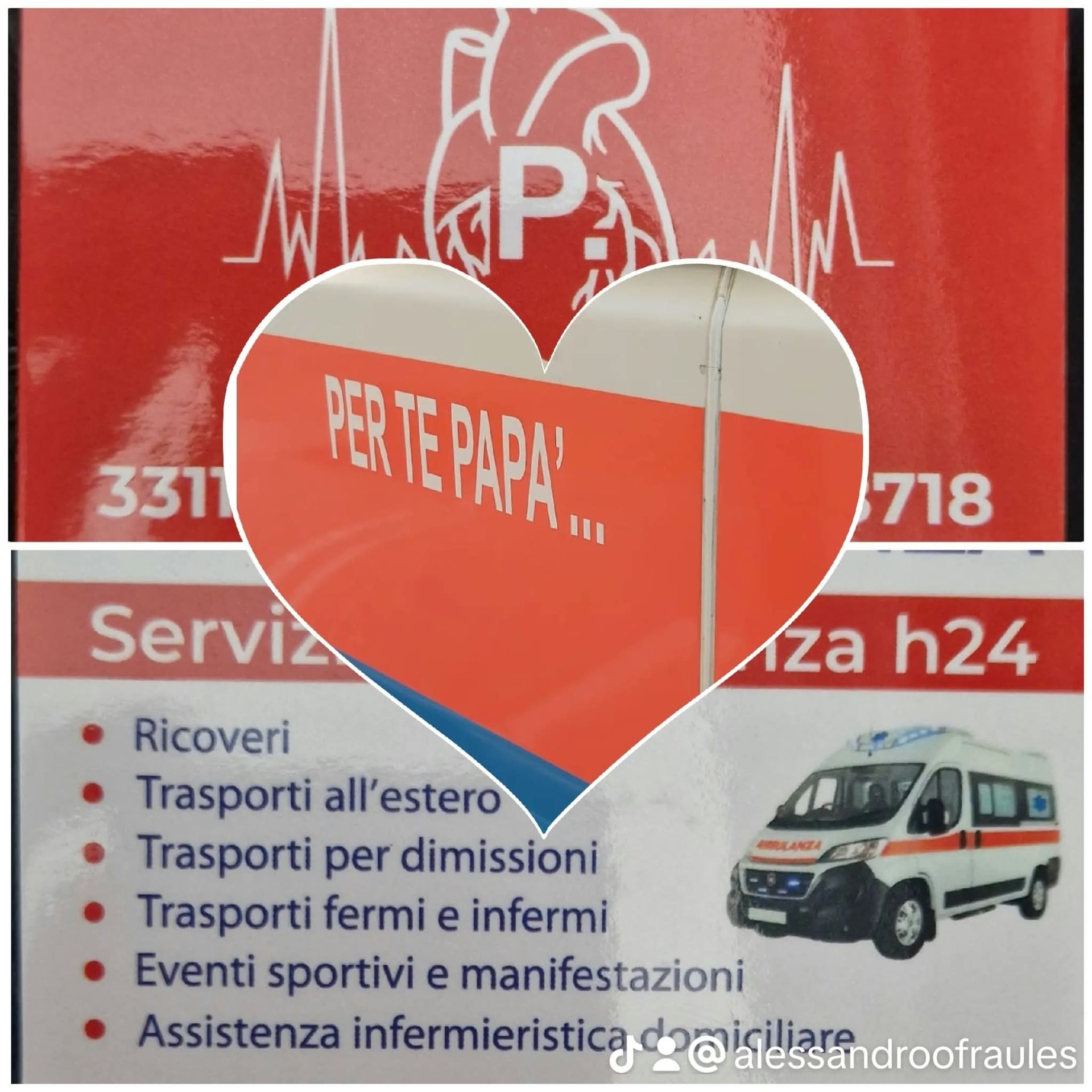 Cartello rosso del servizio di ambulanza con una sagoma a forma di cuore con la scritta 
