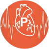 Icona medica arancione con cuore bianco e linea ECG, simbolo “P” centrato.