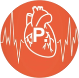 Icona medica arancione con cuore bianco e linea ECG, simbolo “P” centrato.