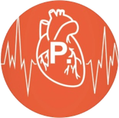 Icona medica arancione con cuore bianco e linea ECG, simbolo “P” centrato.