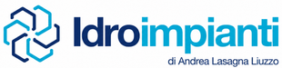 Logo per Idroimpianti con icona esagonale color verde acqua e testo bianco e blu su sfondo scuro.