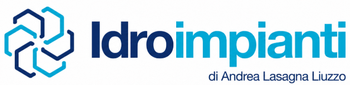 Logo per Idroimpianti con icona esagonale color verde acqua e testo bianco e blu su sfondo scuro.