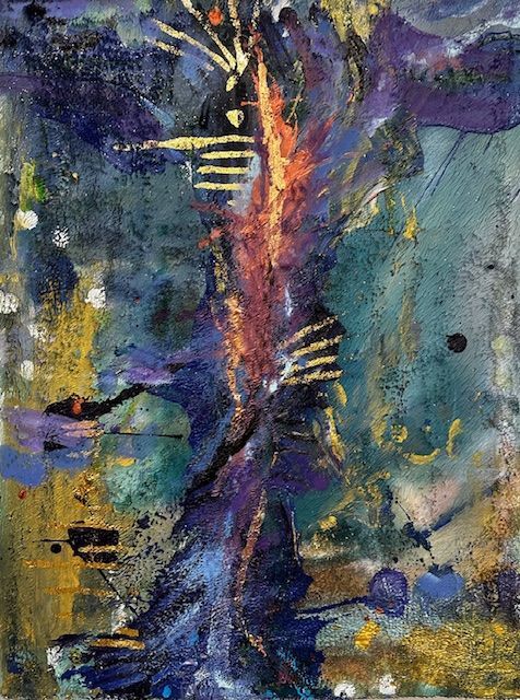 Abstract painting with a glowing vertical purple-orange streak on a blue-green textured background