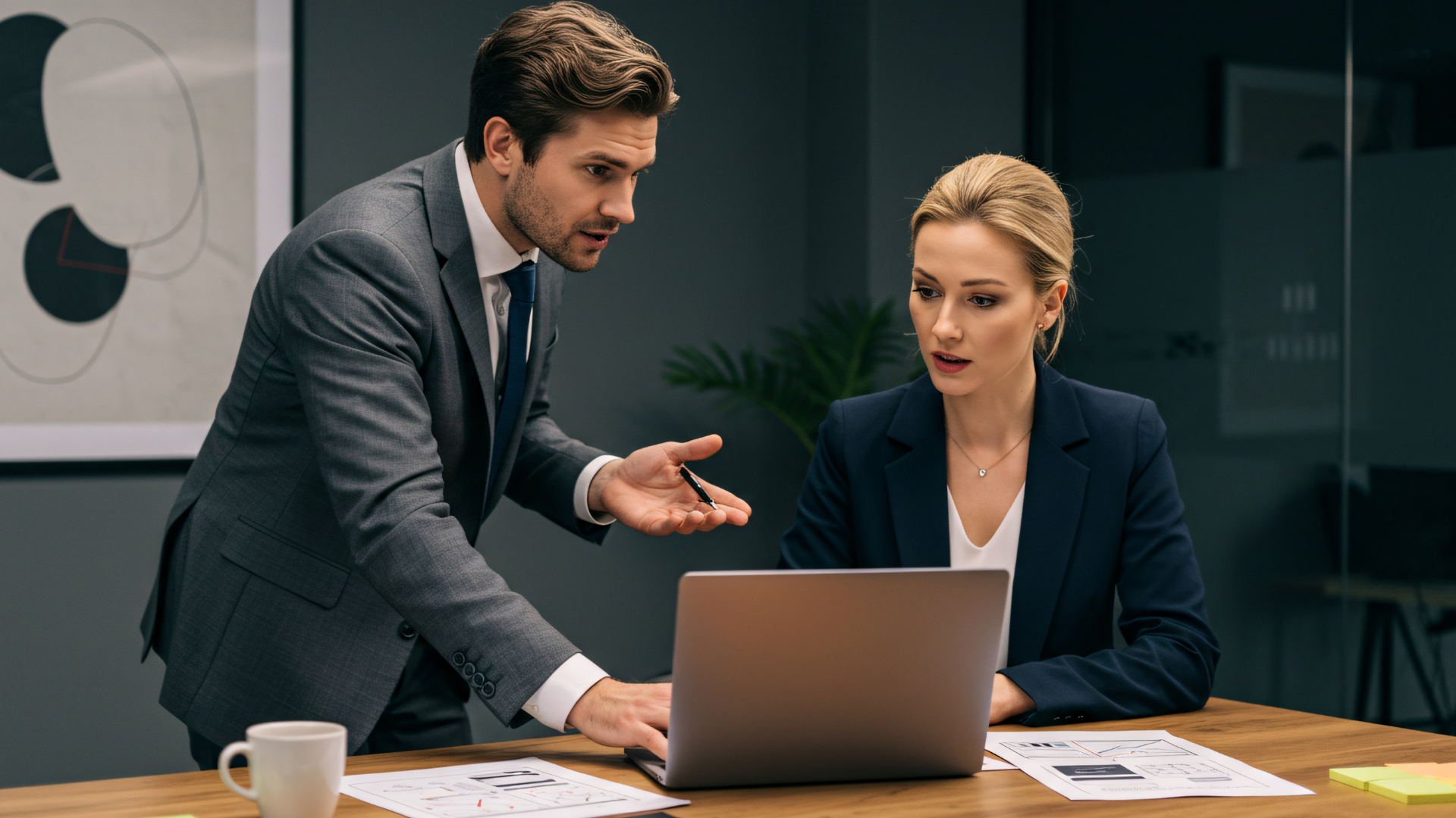 Man in suit gestures at laptop, woman in suit looks on. Office setting.