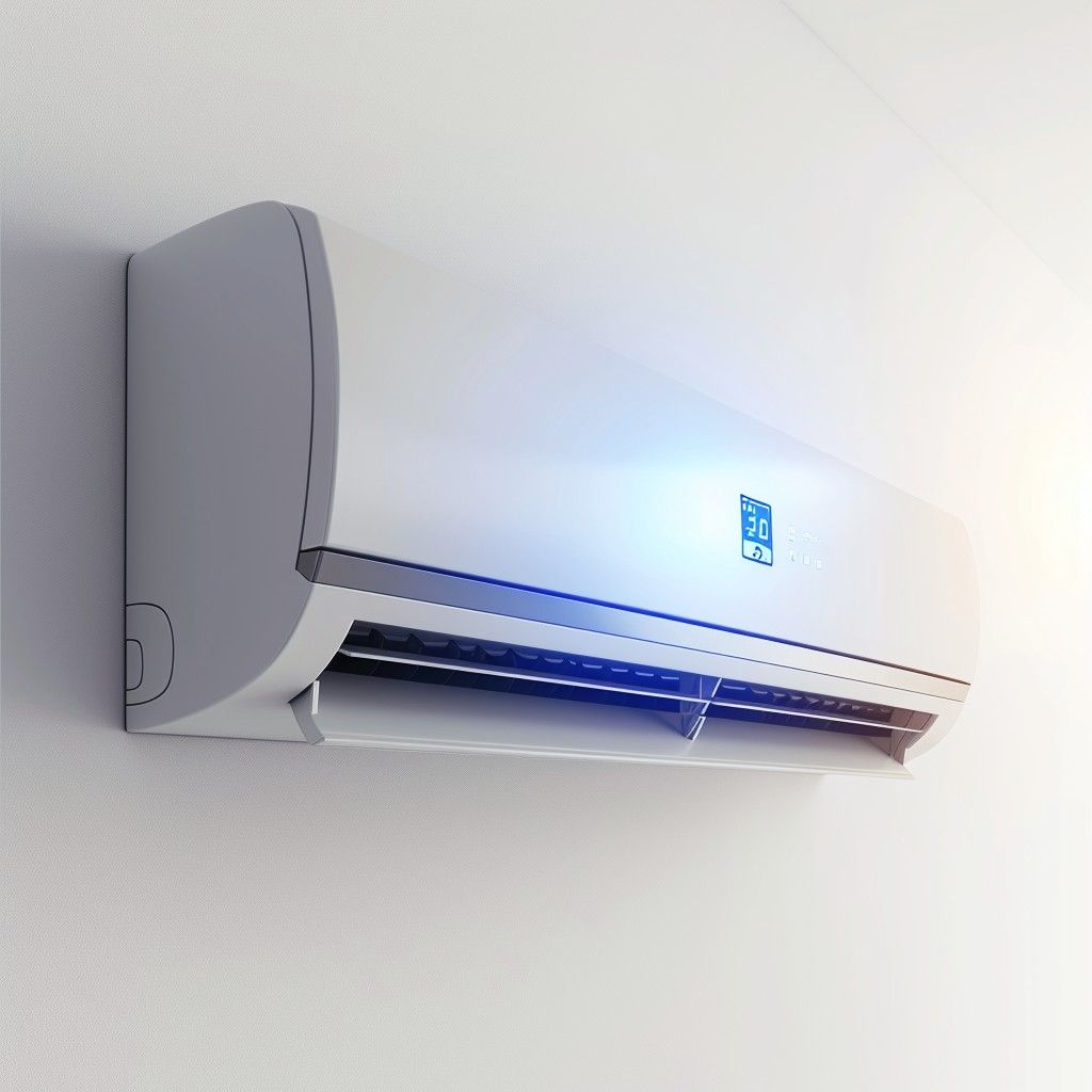 A white air conditioner is hanging on a white wall.