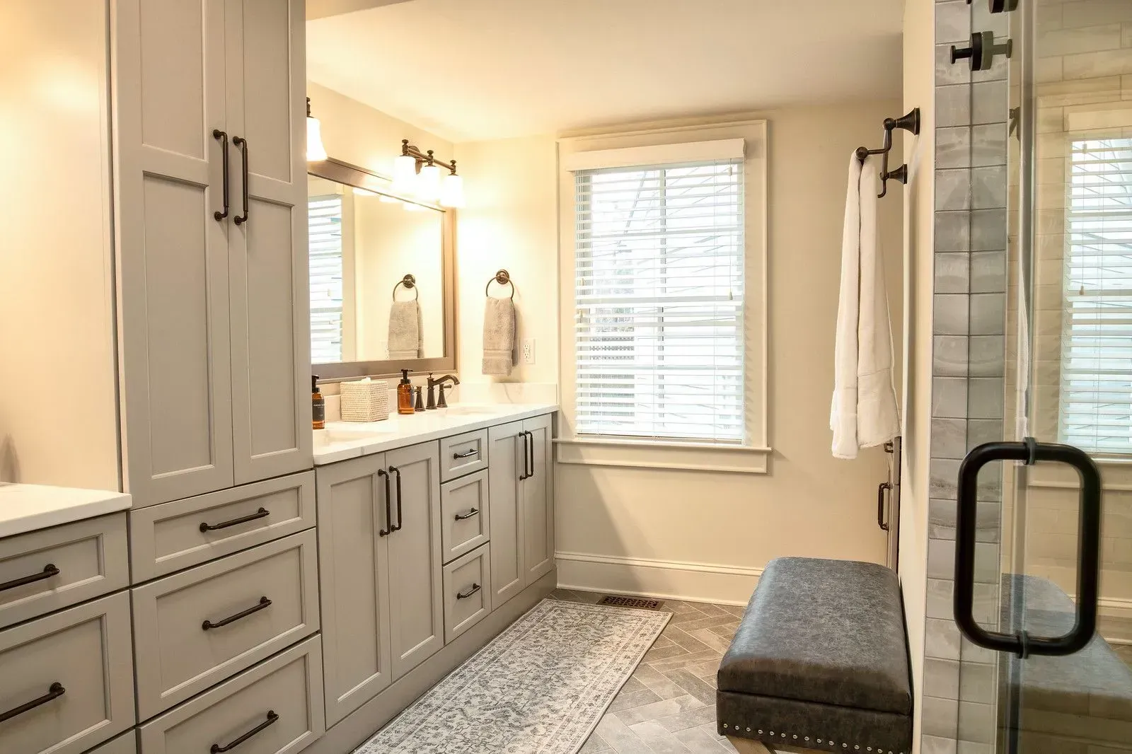 Bathroom remodel in Greenville, South Carolina: gray vanity walk in shower