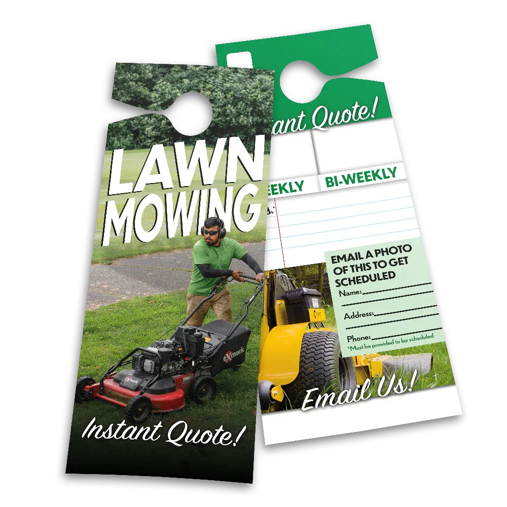 Lawn mowing flyer with a worker mowing grass, green and white design, and quote request form