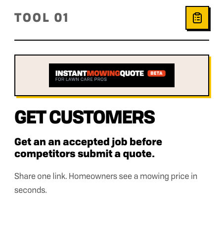 Web page ad for an “Instant Mowing Quote” tool with “Get Customers” headline and yellow call-to-action button