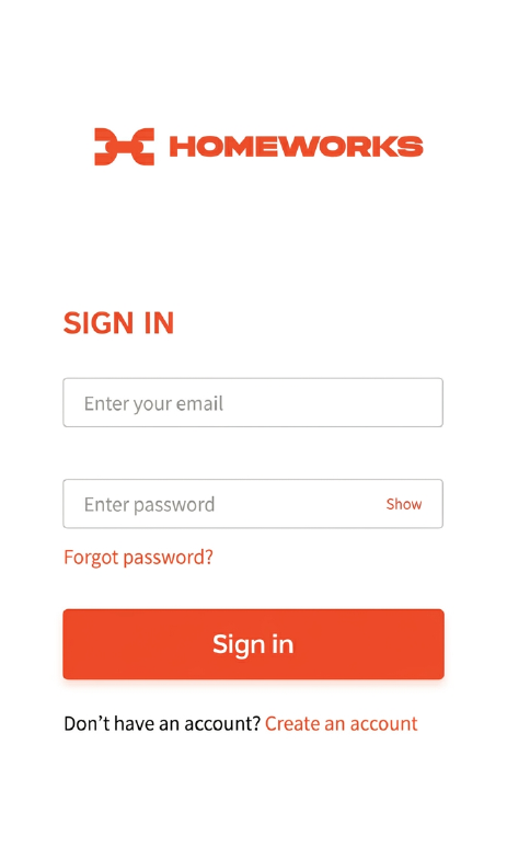 Homeworks sign-in screen with email and password fields, “Sign in” button, and create account link
